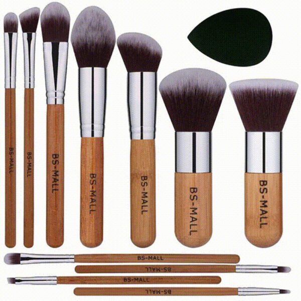 11Pcs Bamboo Makeup Brush Set, Synthetic Kabuki Makeup Brush Set With Storage Bag And Makeup Sponge, USPS Shipping